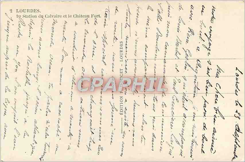 CPA Lourdes 1st Station du Calvaire et le Chateau Fort  — Verso