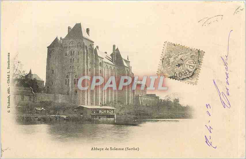 Abbaye de Solesmes (Sarthe) — vue du monastère sur la Sarthe — éditeur Tihault, cliché L. Bouchereau