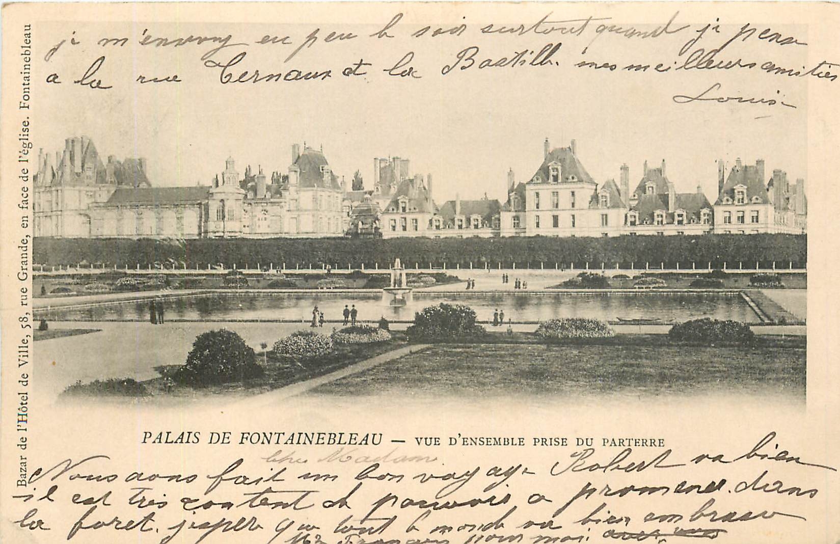 Palais de Fontainebleau — Vue d'ensemble prise du parterre — Bazar de l'Hôtel de Ville, 58, rue Grande