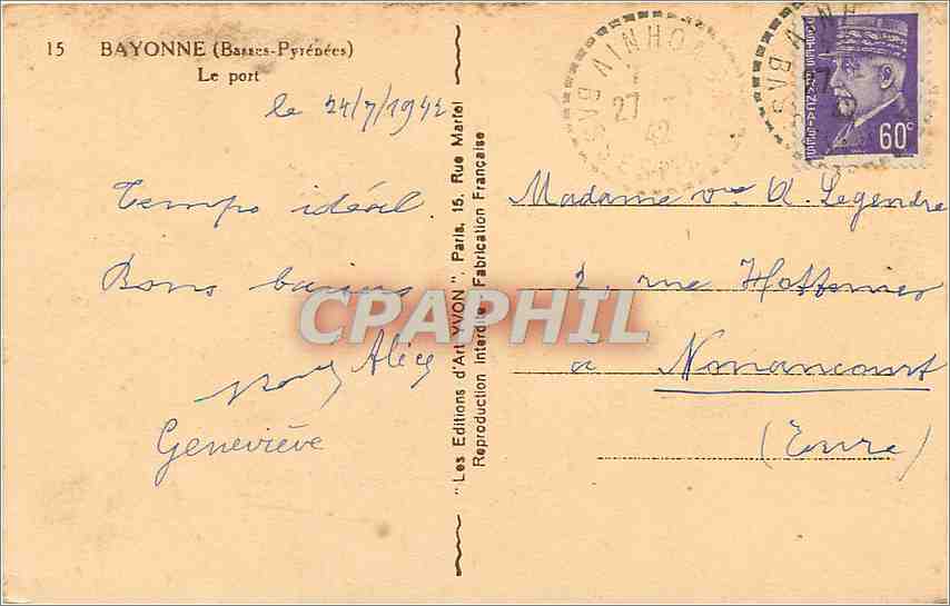 CPA Bayonne Basses Pyrenees Le Port  — Verso
