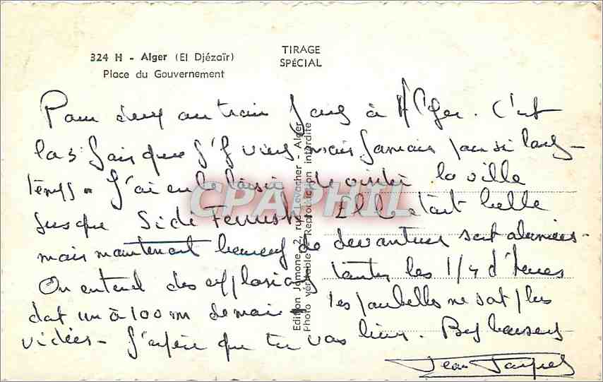 Place du Gouvernement — Alger (El Djézaïr) — Tirage spécial n°324 H, Édition Jimone — Rückseite