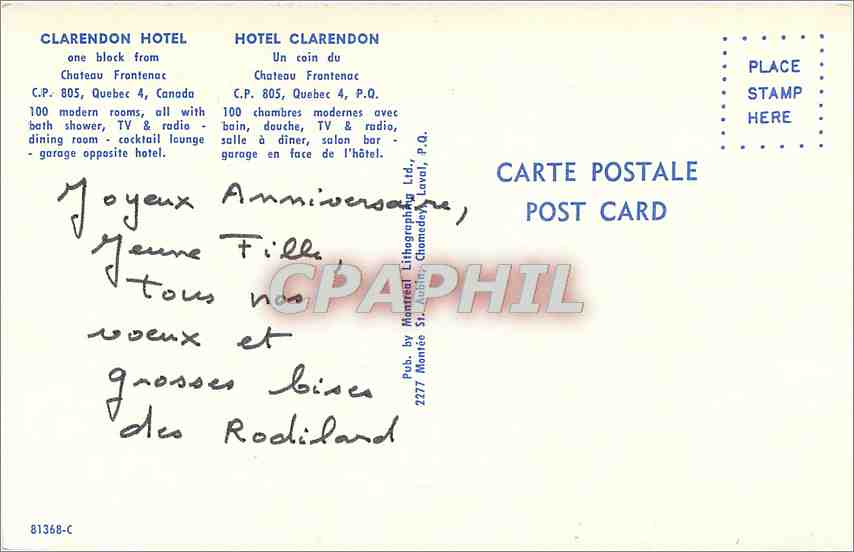 CPA Hotel Clarendon Un coin du Chateau Frantenac  — Back