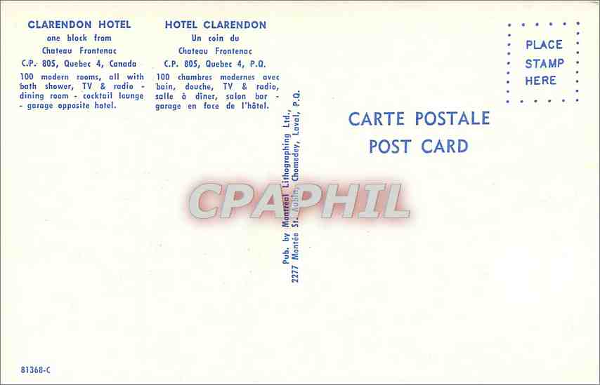 CPA Hotel Clarendon Un coin du Chateau Frontenac  — Back