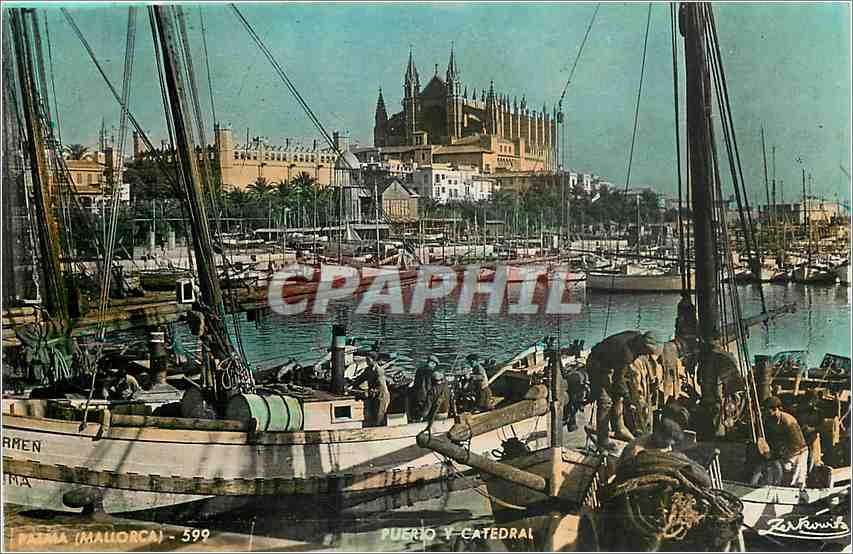 CPA Palma Mallorca Puerto Y Catedral Bateaux de peche