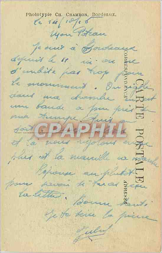 CPA Bordeaux Colonnes Rostrales et Monument des Girondins  — Verso
