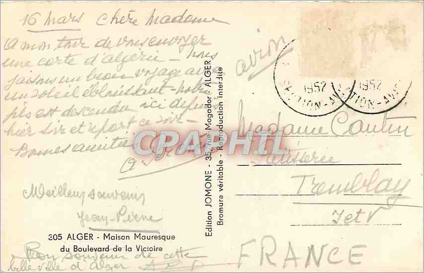CPA Alger Maison Mauresque du Boulevard de la Victoire  — Rückseite