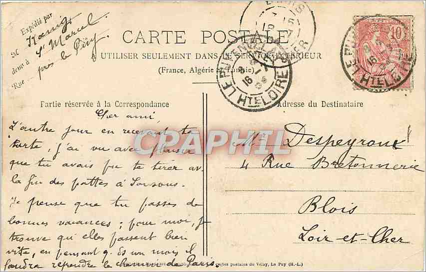 CPA Le Puy Le Rocher Corneille Notre Dame de France  — Verso