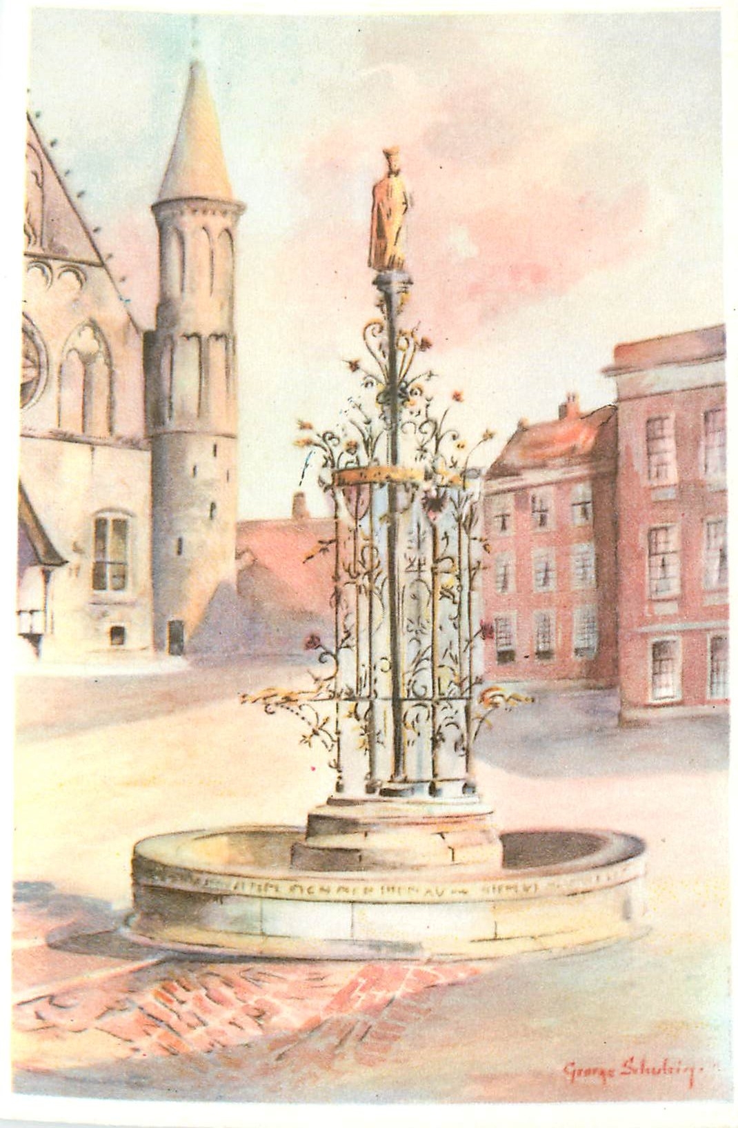 CPA Binnenhof den Haag Origineel Aquarel door george schulen 