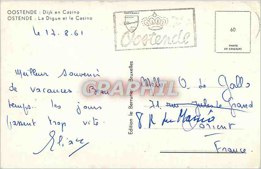 CPA Ostende La Digue et le Casino  — Rückseite