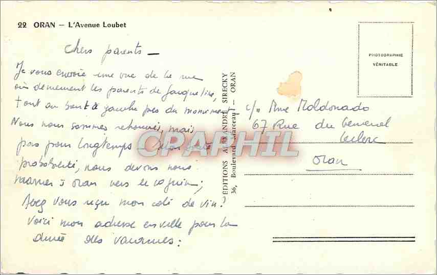 CPA Oran L'Avenue Loubet  — Rückseite