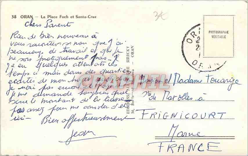 CPA Oran La Place Foch et Santa Cruz  — Rückseite