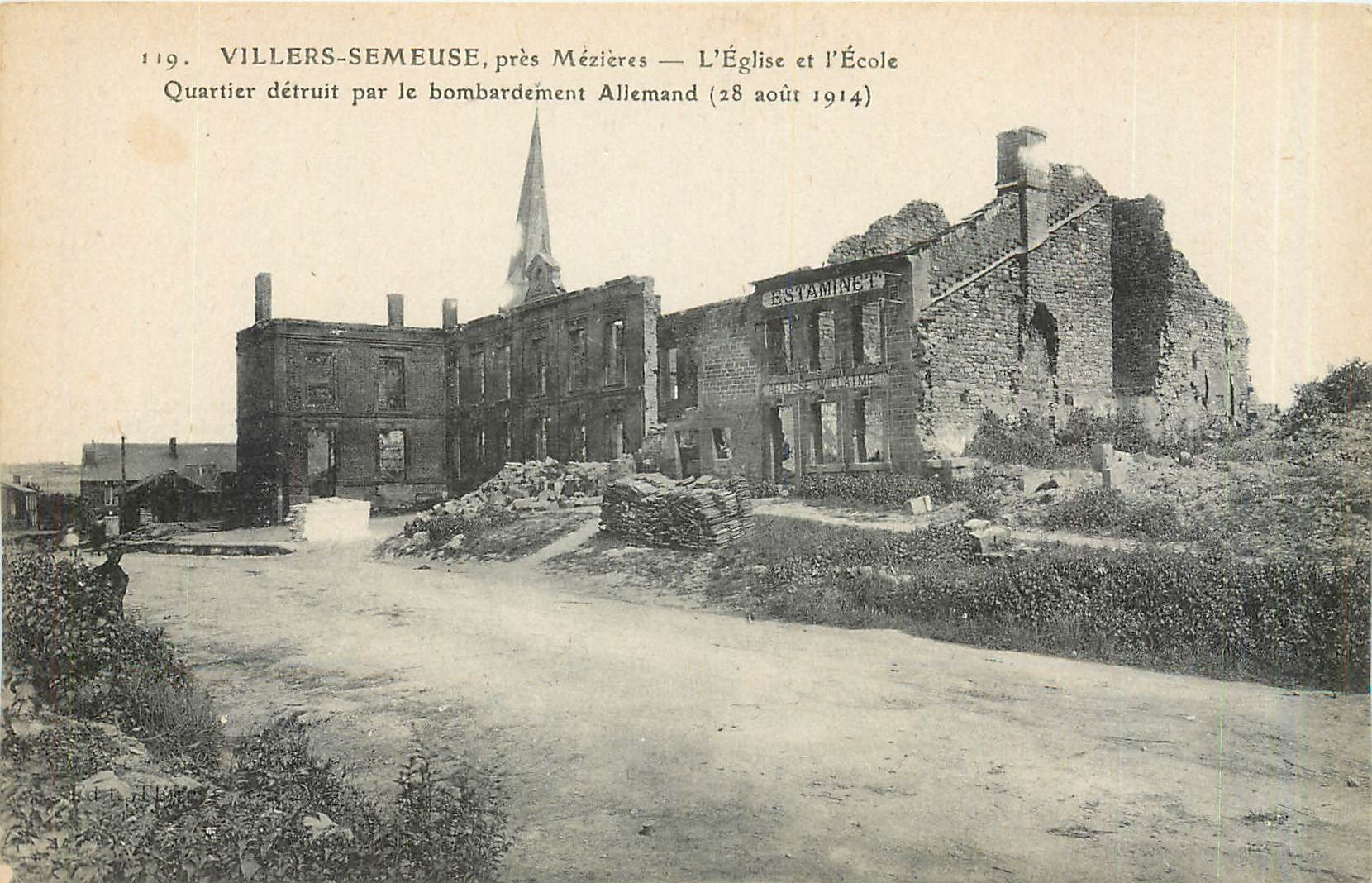 CPA Villers Semeuse pres Mezieres L'Eglise et l'Ecole Quartier detruit par le bombardement Allemand 