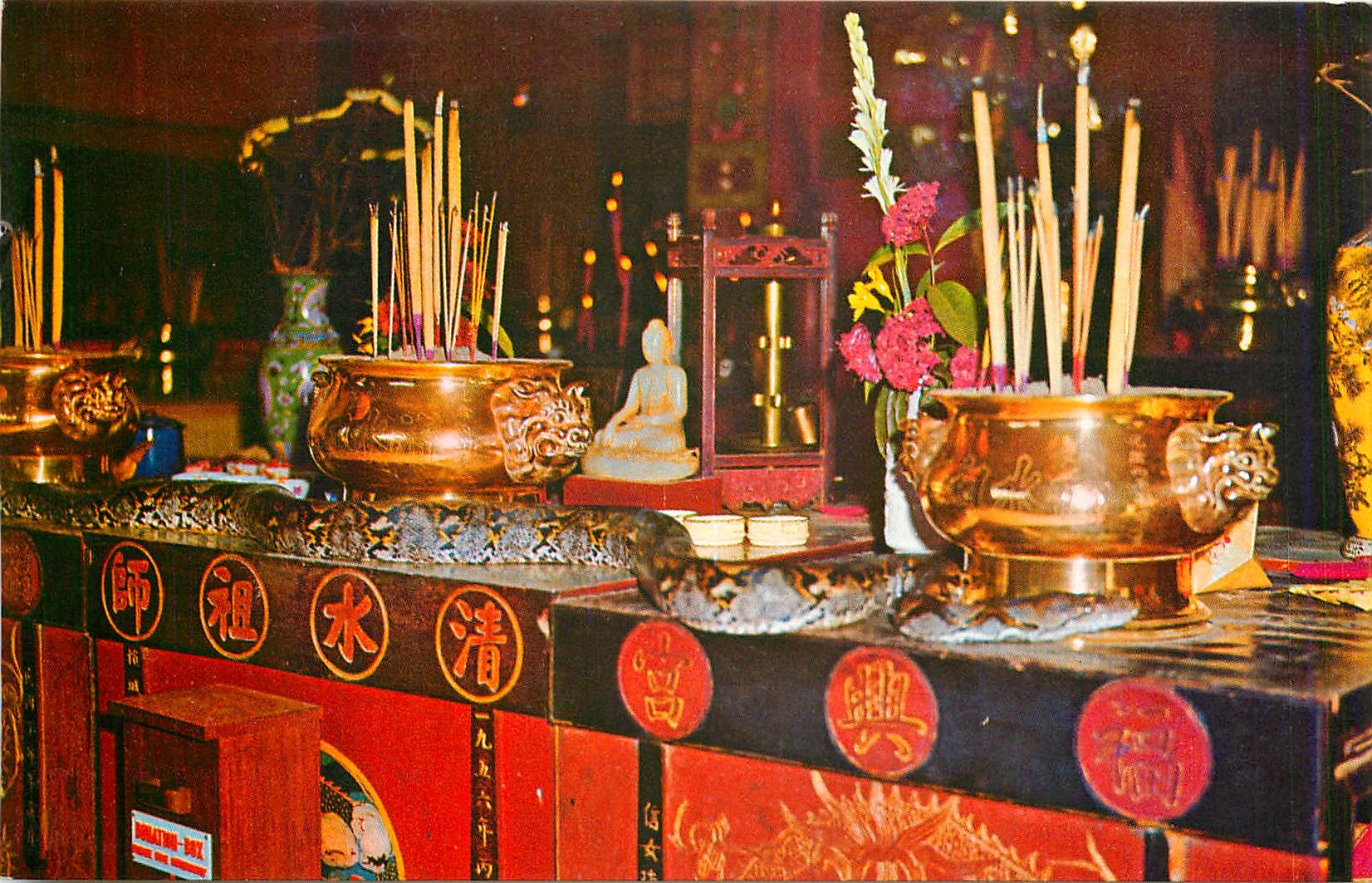 CPA Snake Temple Sungei Kluang Penang showing snake on altar Malaysia 