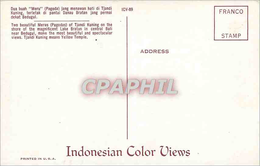 CPA Two beautiful Merus of Tjandi Kuning on the shore of the magnificent Lake Bratan Indonesia  — Rückseite