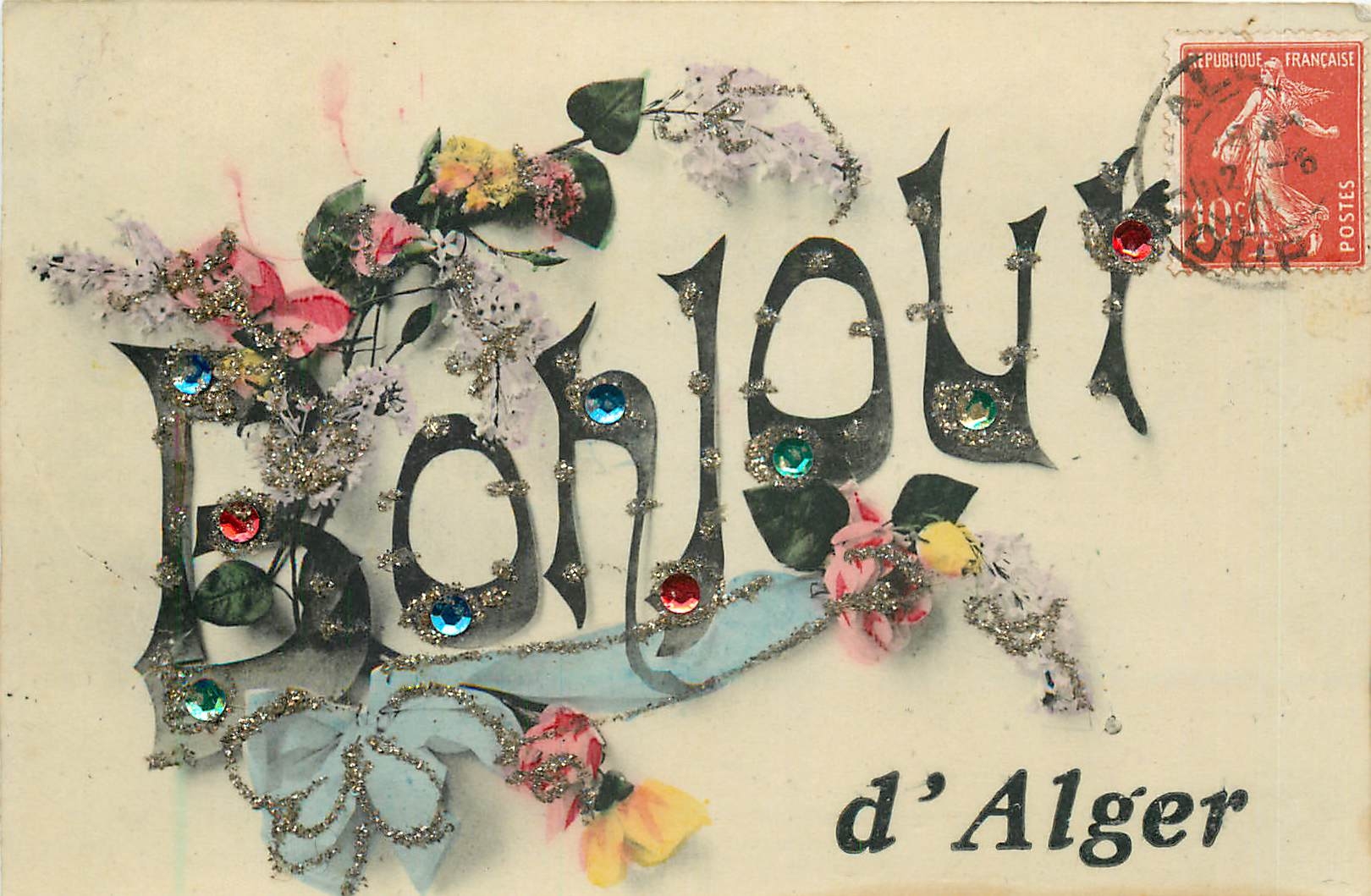 Boulevard d'Alger — Dekorative Karte mit Buchstaben, verziert mit Strass und Blumen — unbekannter Verlag