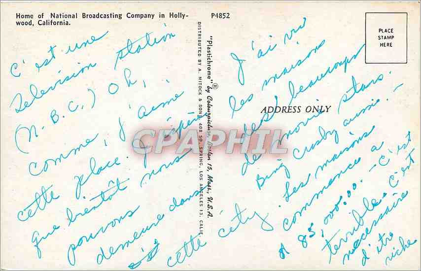 CPA Home of National Broadcasting Company in Hollywood California  — Rückseite