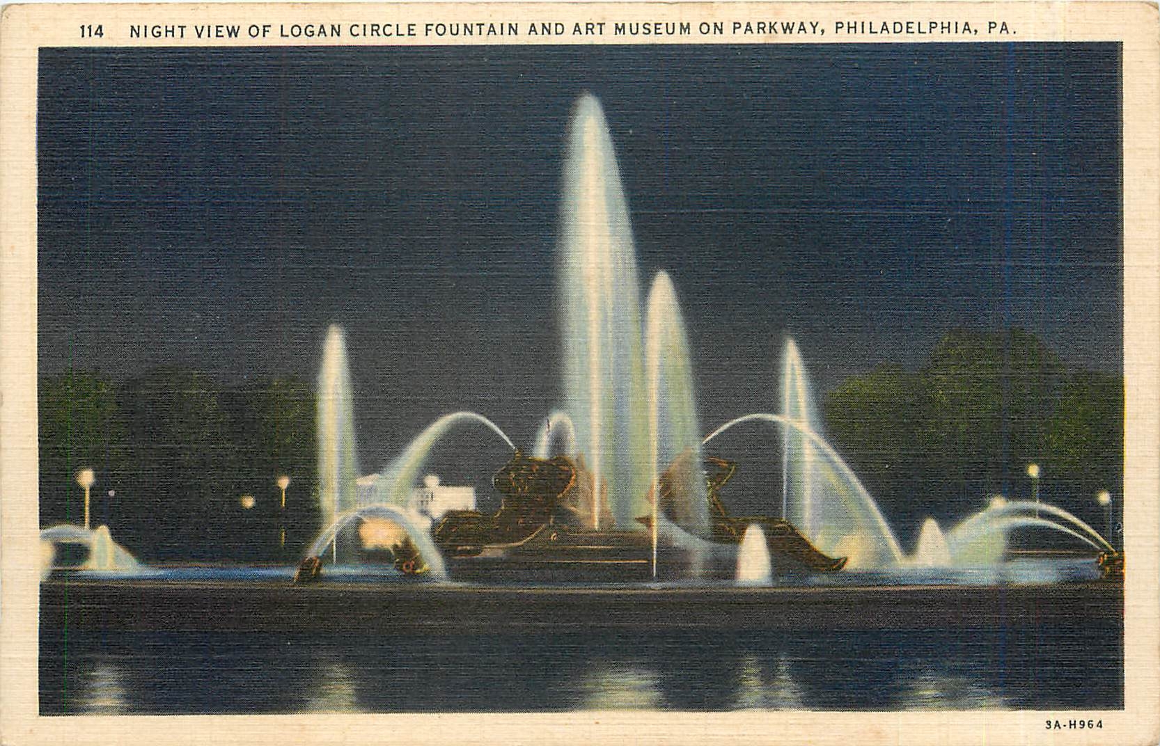 CPA Night View of Logan Circle Fountain and Art Museum on Parkway Philadelphia PA 