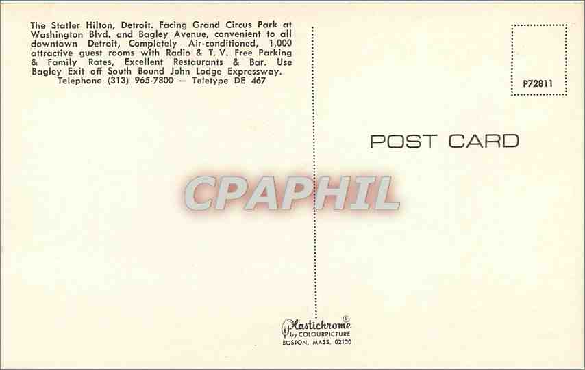 CPA The Statler Hilton Detroit Facing Grand Circus Park at Washington Blvd and Bagley Avenue  — Back