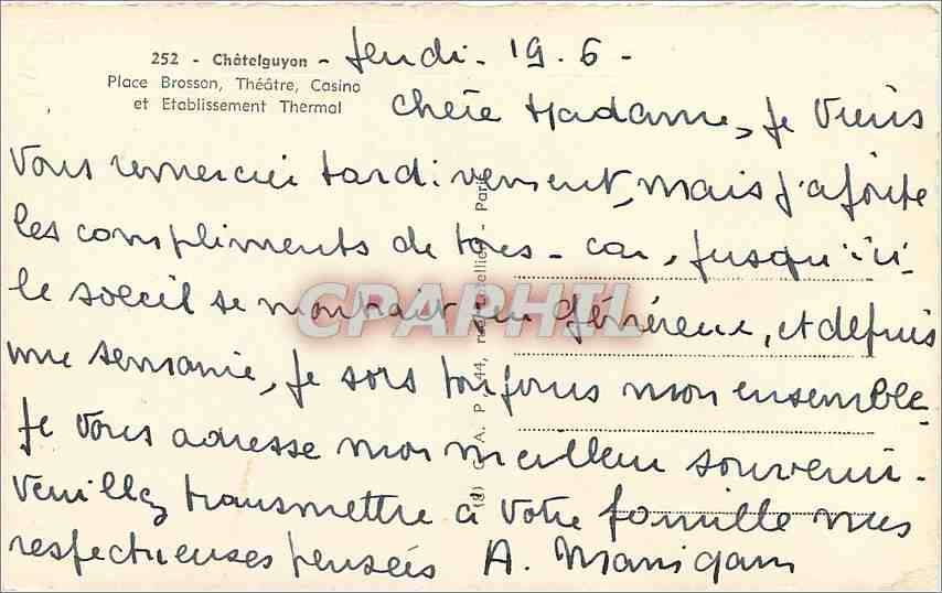 CPA Chatelguyon Place Brosson Theatre Casino et Etablissement Thermal  — Rückseite