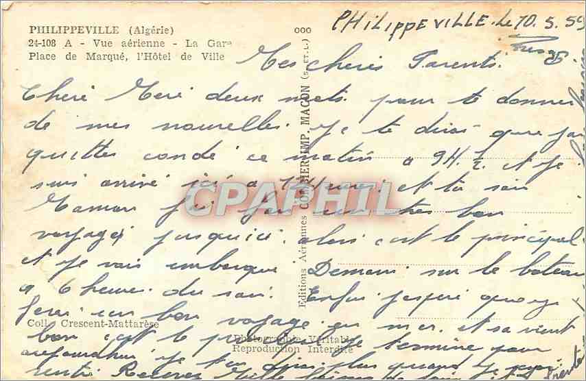CPM Philippeville Algerie Vue aerienne La Gare Place de Marque l'Hotel de Ville  — Rückseite