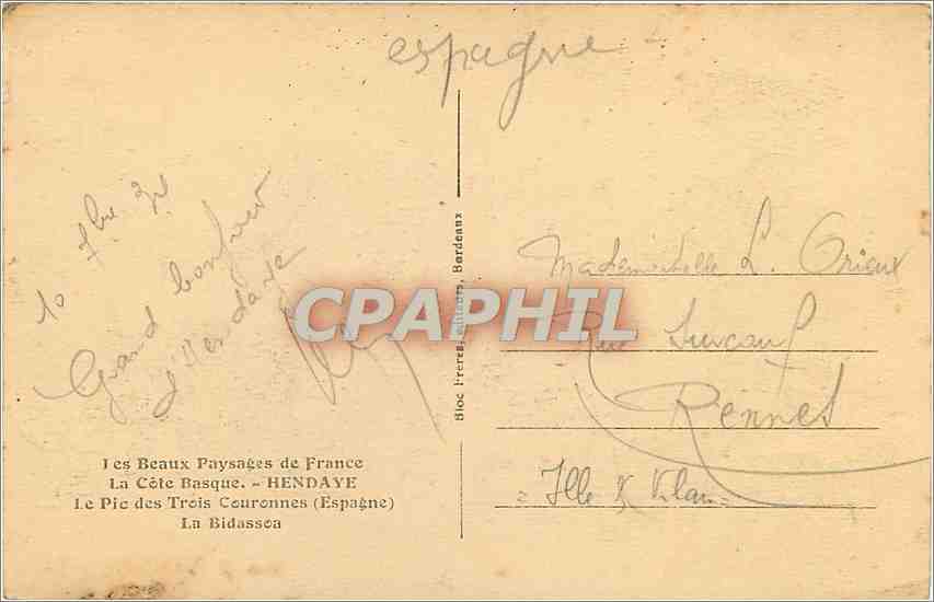 La Bidassaea — Le Pic des Trois Couronnes (Espagne) — Bloc Ier des Beaux Paysages de France, Hendaye — Reverso