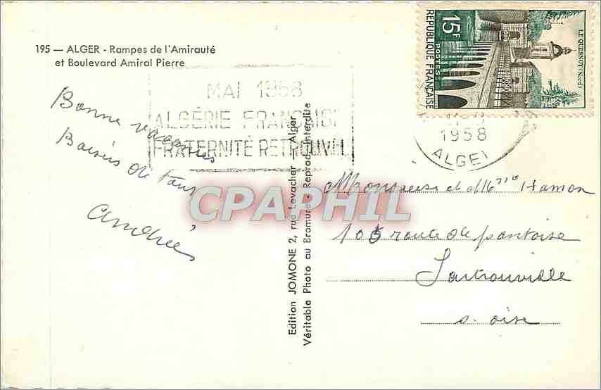 CPA Alger Rampes de l'Amiraute et Boulevard Amiral Pierre  — Rückseite