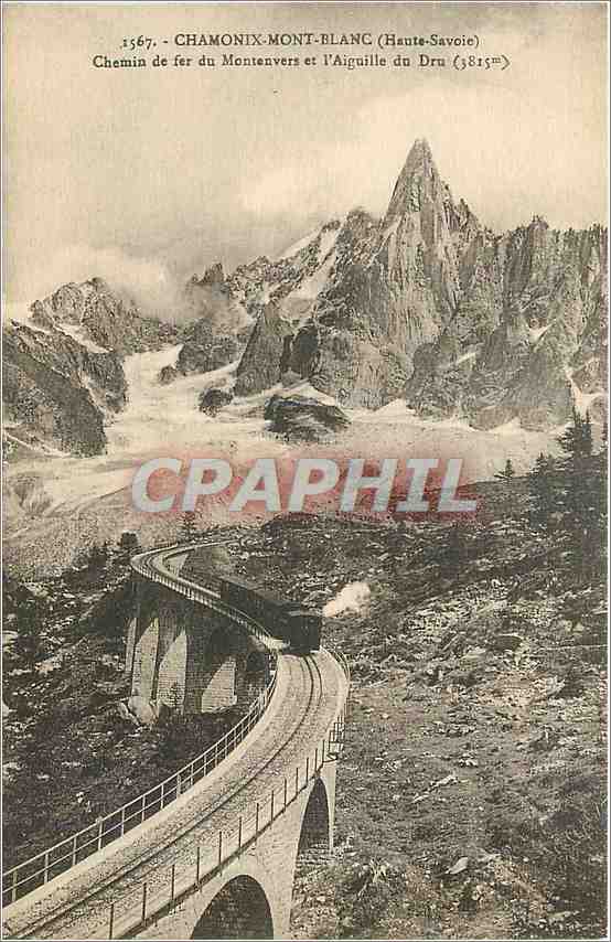 CPA Chamonix Mont Blanc Haute Savoie Chemin de fer du Montenvers et l'Aiguille du Dru Train