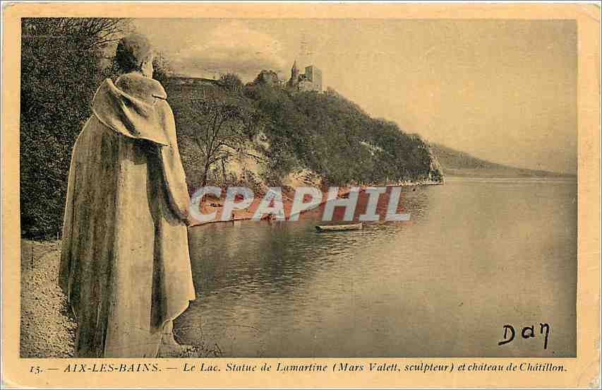 CPA Aix les Bains Le Lac statue de Lamartine et Chateau de Chatillon 