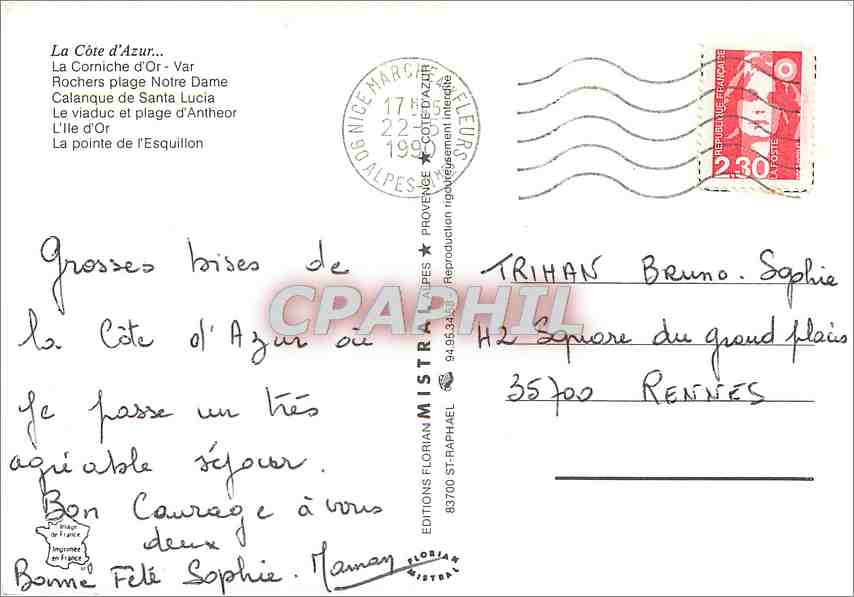 CPM La Cote d'Azur La Corniche d'Or Var Rochers plage Notre Dame Calanque de Santa Lucia  — Verso