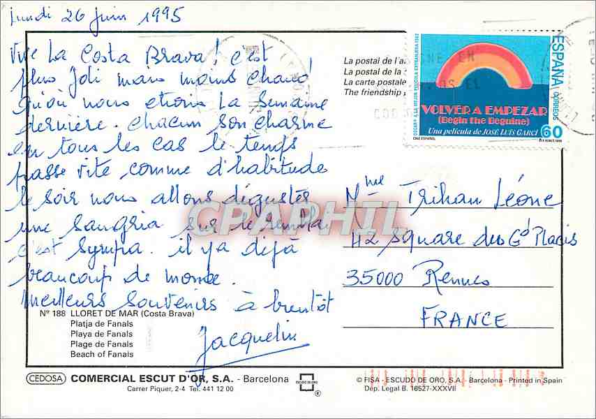 CPM Lloret de Mar Costa Brava Plage de Fanais  — Rückseite