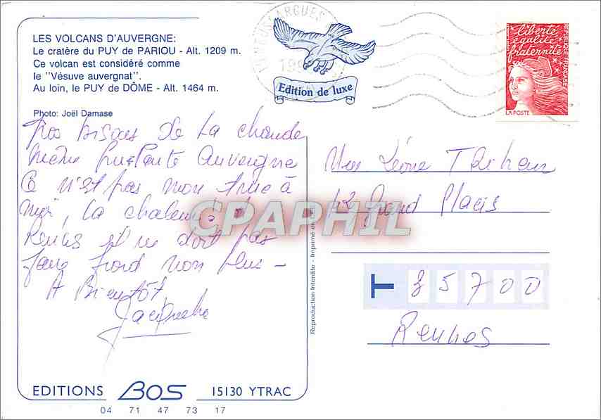 CPM Les Volcans d'Auvergne Le Cratere du Puy de Pariou Au loin le Puy de Dome  — Verso