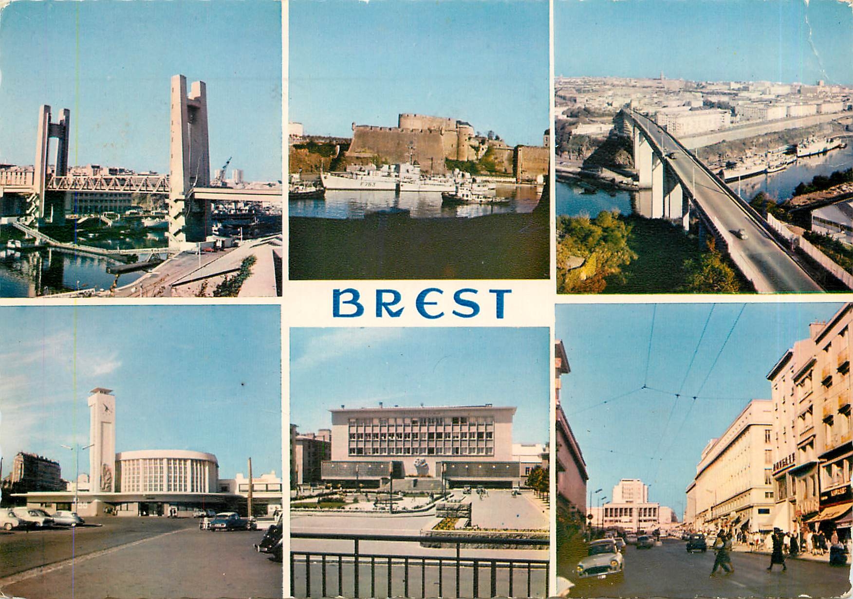 CPM Brest Finistere Le Pont Levant Le Pont de l'Harteloire Le Chateau la Gare la Tresorerie et la ru