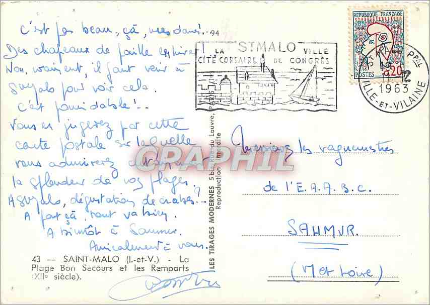 CPM Saint Malo L et V La Plage Bati Secours et les Remparts  — Verso