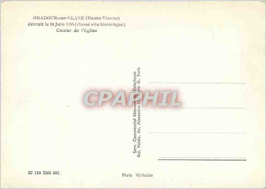 CPM Oradour sur Glane Haute Vienne detruit le 10 Juin 1944 Choeur de l'Eglise  — Back