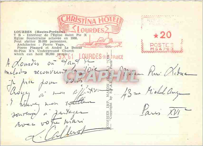 Intérieur de l'Église Saint-Pie X — Lourdes — Éditeur CHRISTINA HÔTEL — Verso