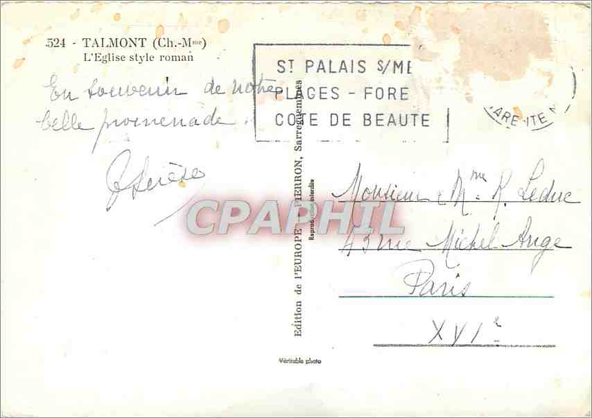CPM Talmont Ch Mme L'Eglise style roman  — Verso