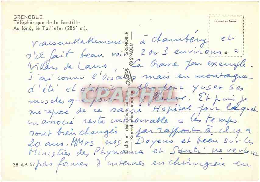CPM Grenoble Telepherique de la Bastille au fond le Taillefer  — Rückseite