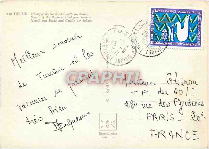 CPA Tunisie Mesaique du Bardo et Gazelle du Sahara  — Rückseite
