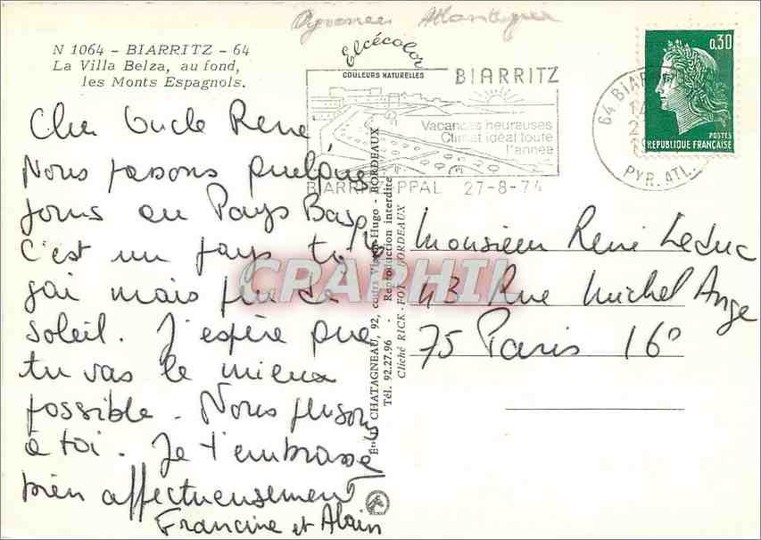 La Villa Belza, au fond, les Monts Espagnols — Biarritz — Éditeur: Château-Fort, Bordéaux, n° 1064 — Verso