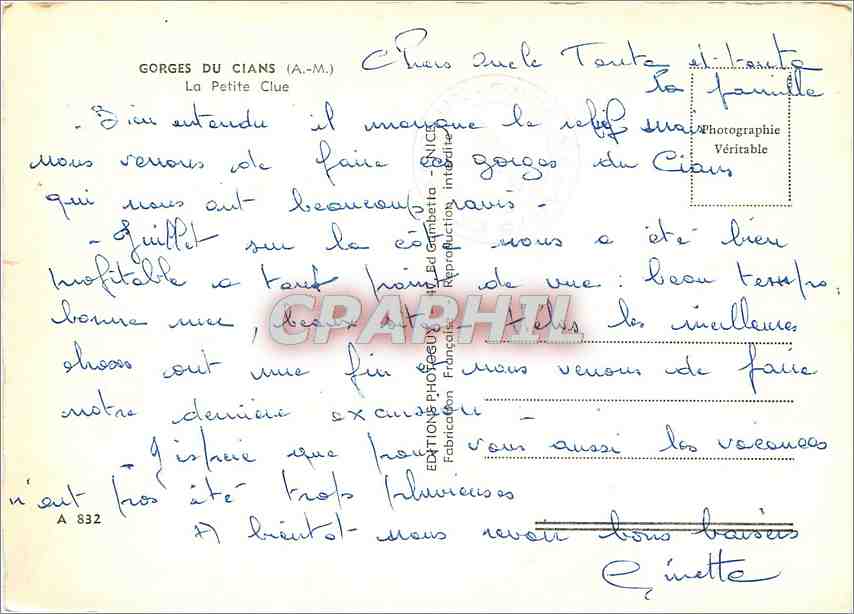 CPA Gorges du Cians La Petite Clue  — Rückseite