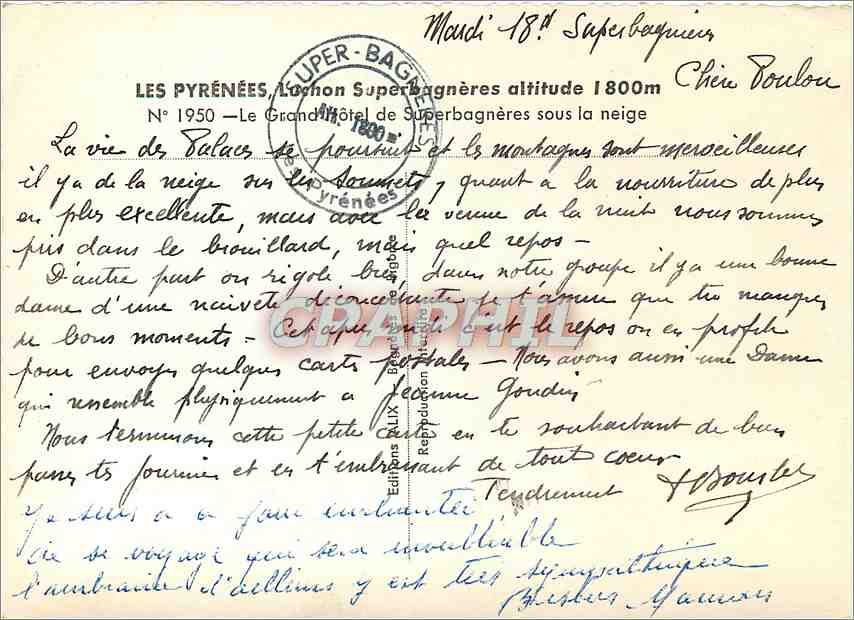 Le Grand Hôtel de Superbagnères — Les Pyrénées — Éditions Allix, N° 1950 — Rückseite