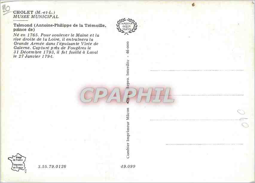 CPM Cholet M et L Musee Municipal Talmond Antoine Philippe de la Tremouille prince de  — Rückseite