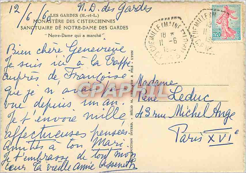 CPM Les Gardes M et L Monastere des Cisterciennes Sanctuaire de Notre Dame des Gardes  — Rückseite