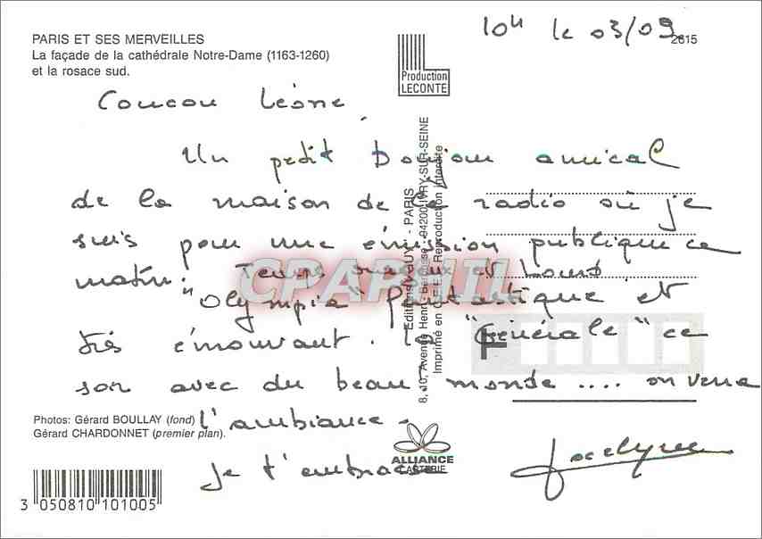 CPM Notre Dame de Paris La facade de la Cathedrale Notre Dame et la rosace sud  — Verso