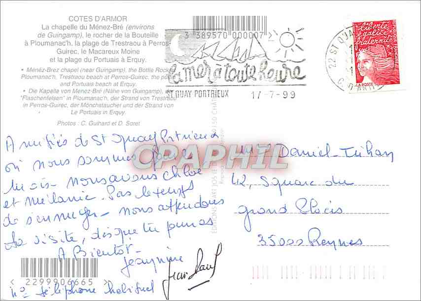 CPM Cotes d'Amor La chapelle du Menez Bre environs de Guingamp  — Rückseite