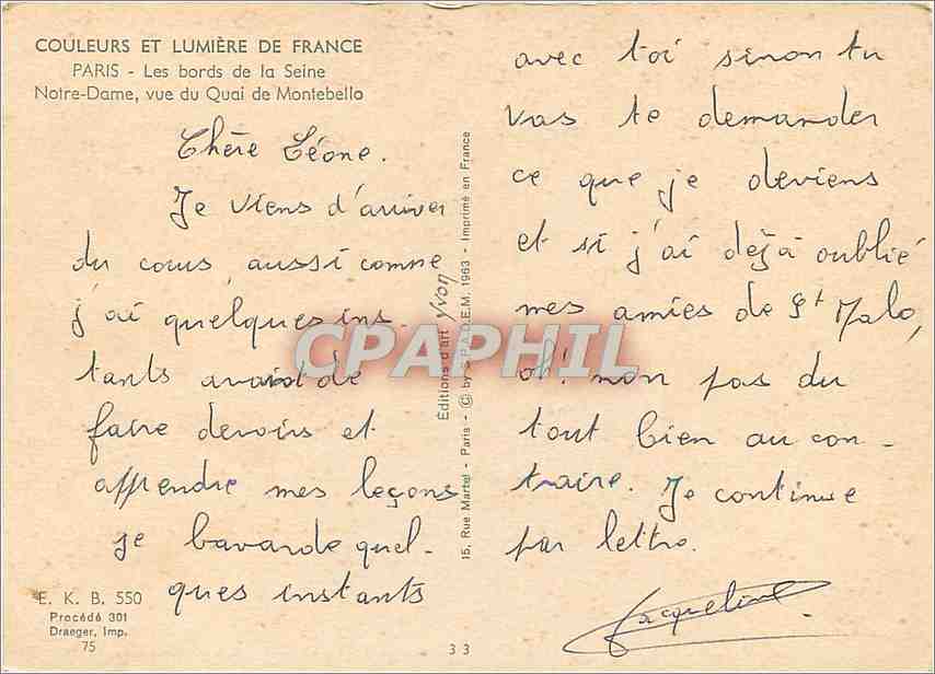CPM Paris Les bords de la Seine Notre Dame vue du Quai de Montebello  — Rückseite