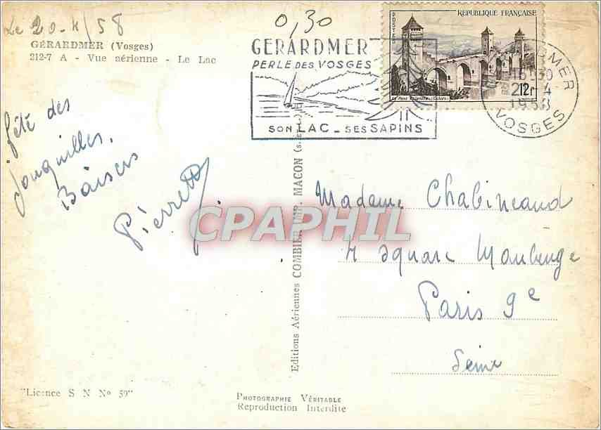 CPA Gerardmer Vosges Vue aerienne Le Lac  — Rückseite