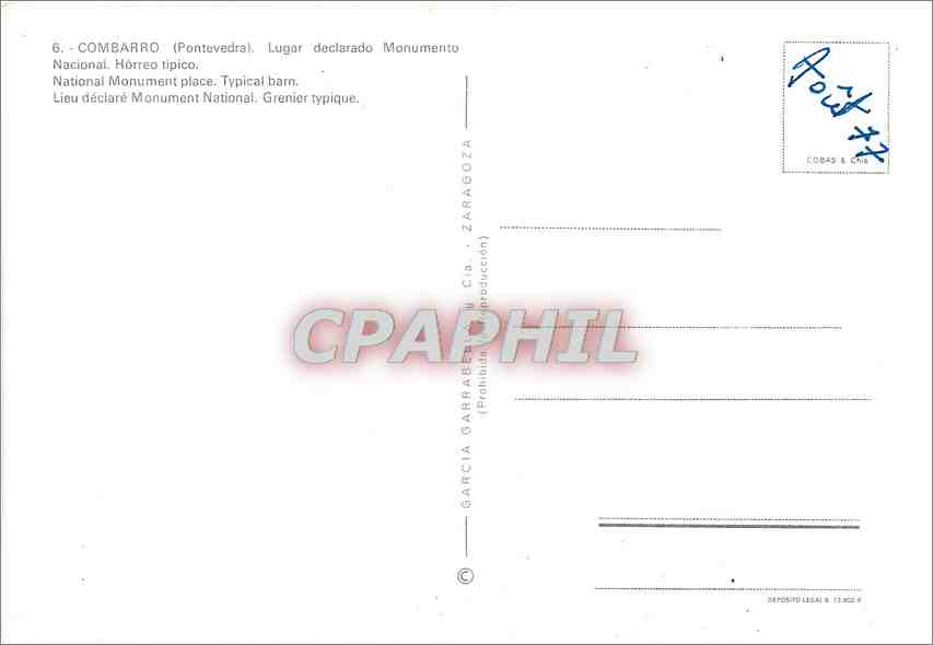 CPM Combarro Pontevedra Lieu declare Monument National Grenier typique  — Back