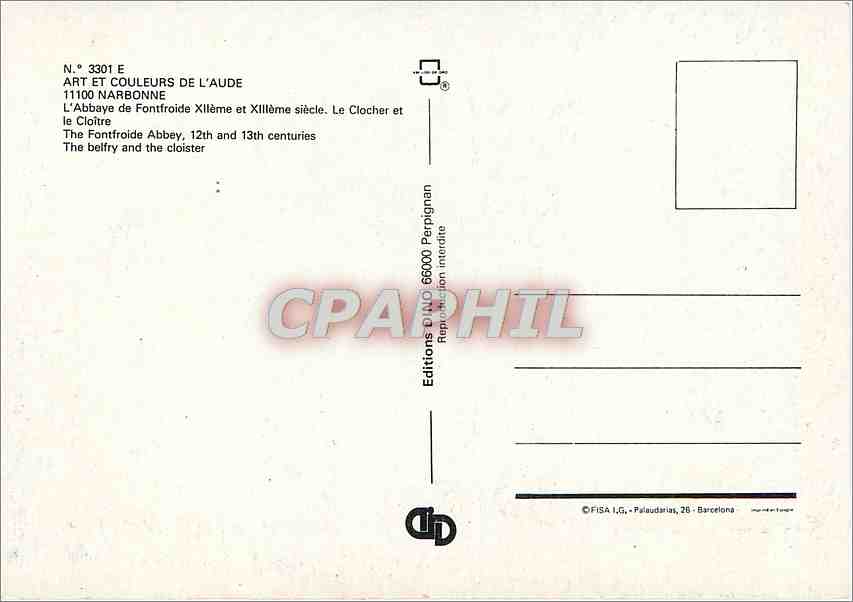 CPA Narbonne L'Abbaye de Fontfroide Le Clocher et le Cloitre  — Rückseite