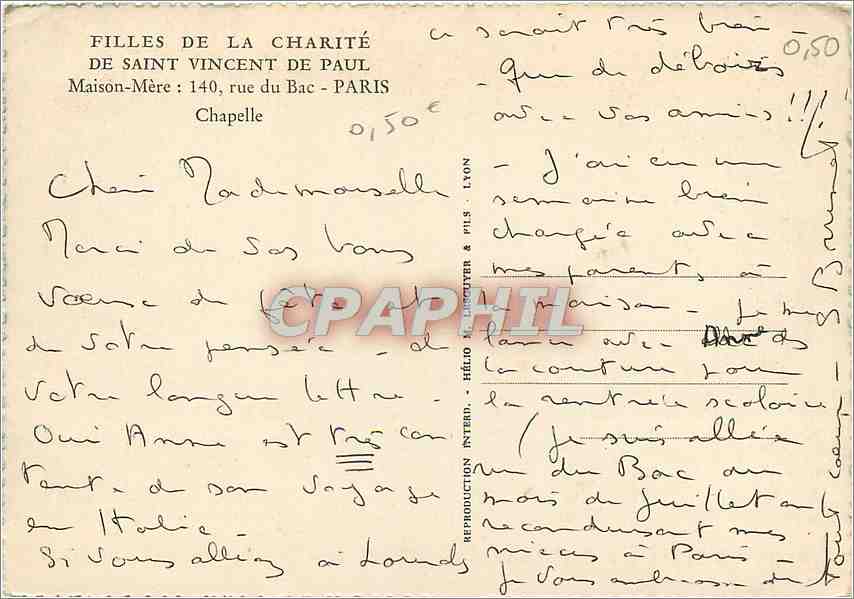CPM Filles de la Charite de Saint Vincent de Paul Paris Chapelle  — Verso